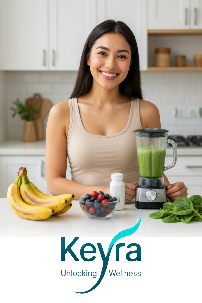 Smiling woman in modern kitchen holding green smoothie - Keyra wellness lifestyle